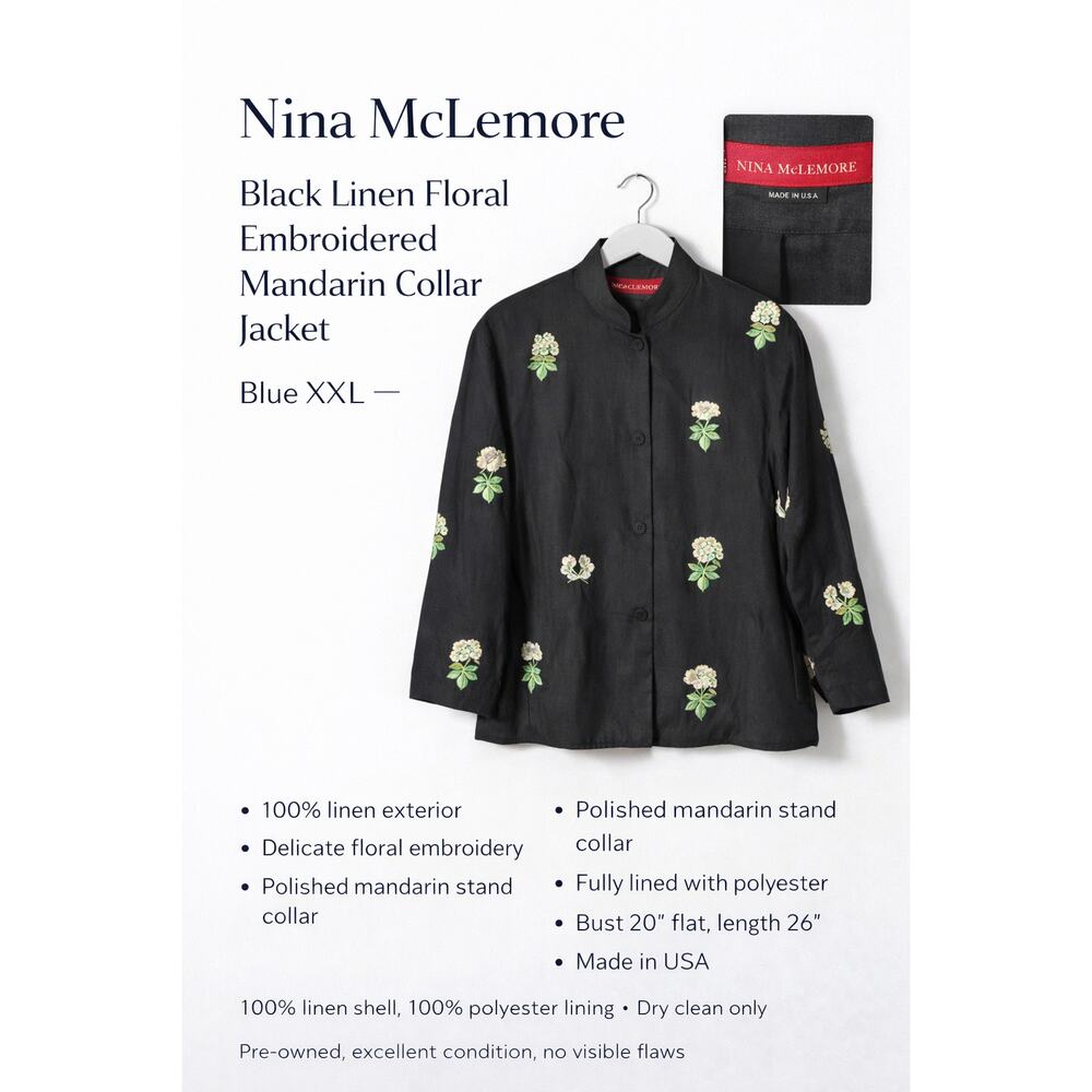 Nina McLemore Linen Mandarin Collar Jacket Black Floral Embroidered 6